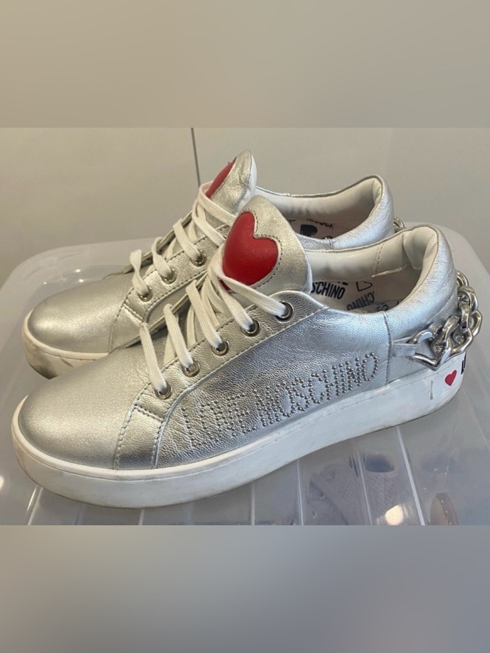 Moschino Silver Sneakers with Red Heart Accent trendy, comfort work school chic
